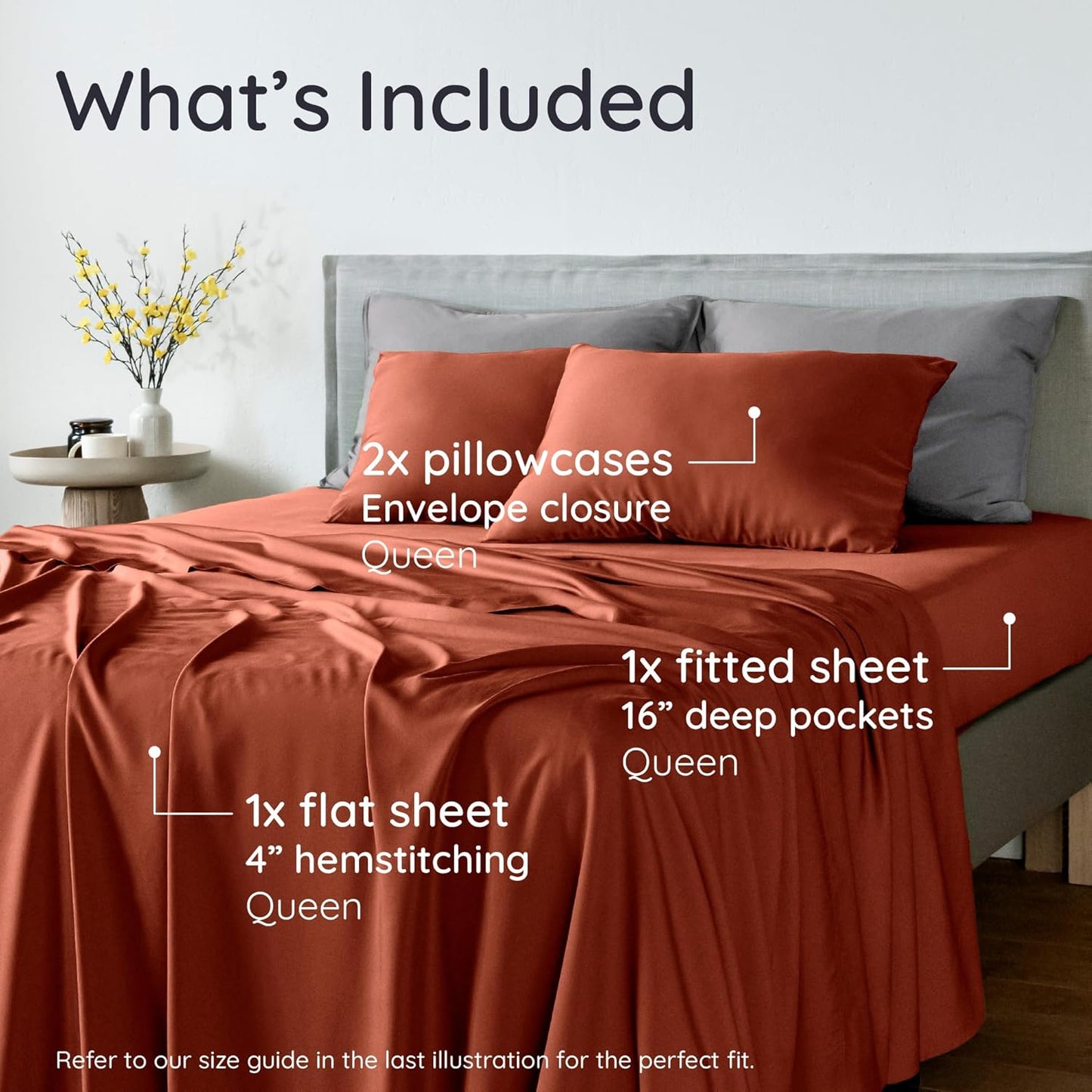 Bambaw 100% Viscose Derived from Bamboo Sheets Queen Size Set – 4pcs Cooling Sheets Queen, Luxury Bedding, Soft & Breathable, Deep Pocket Fits Up to 16'' Mattresses (Terracotta)