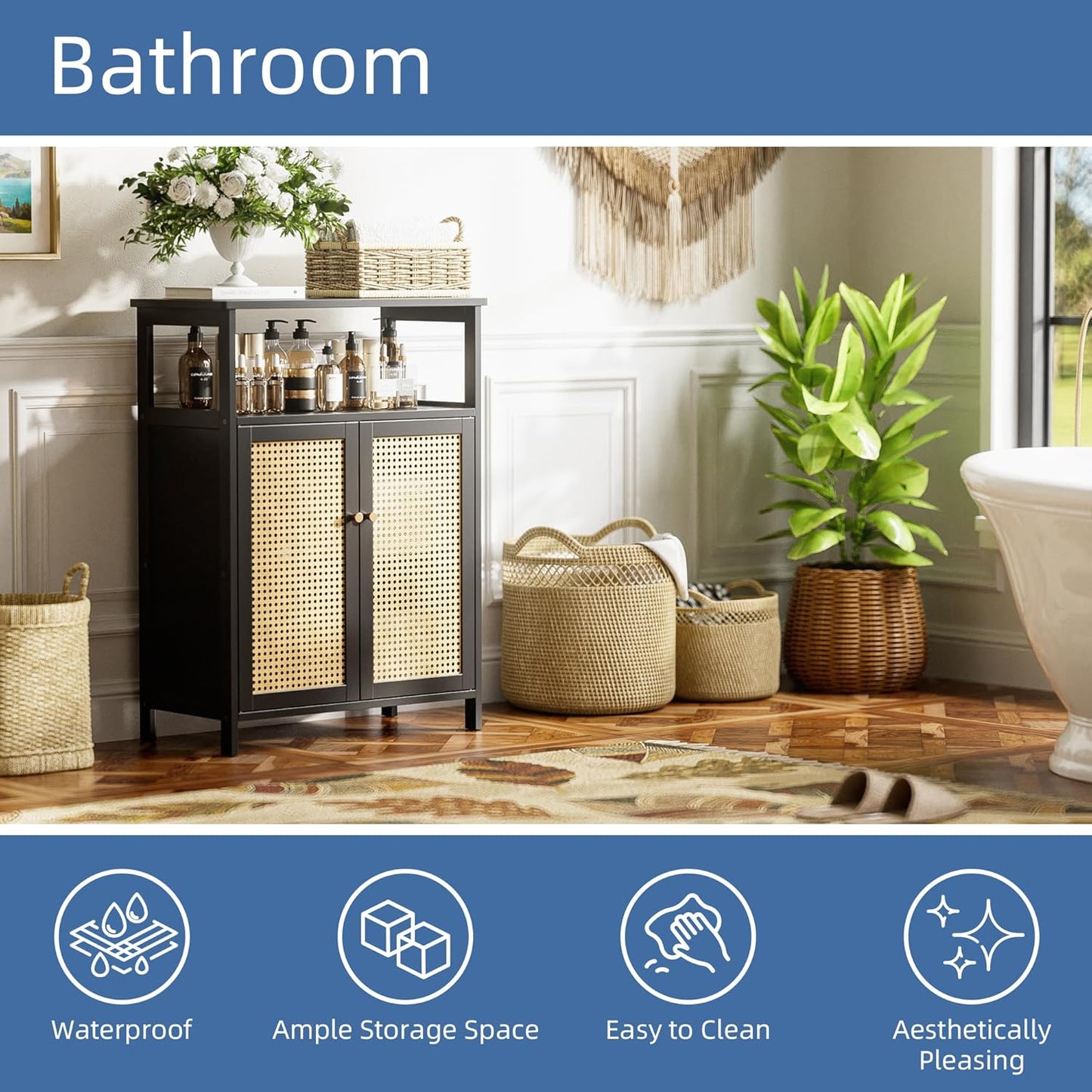 HITNET Bamboo Floor Cabinet, Bathroom Storage Cabinet with 2 Rattan Doors and Shelves, Space Saving Freestanding Kitchen Cupboard, Black