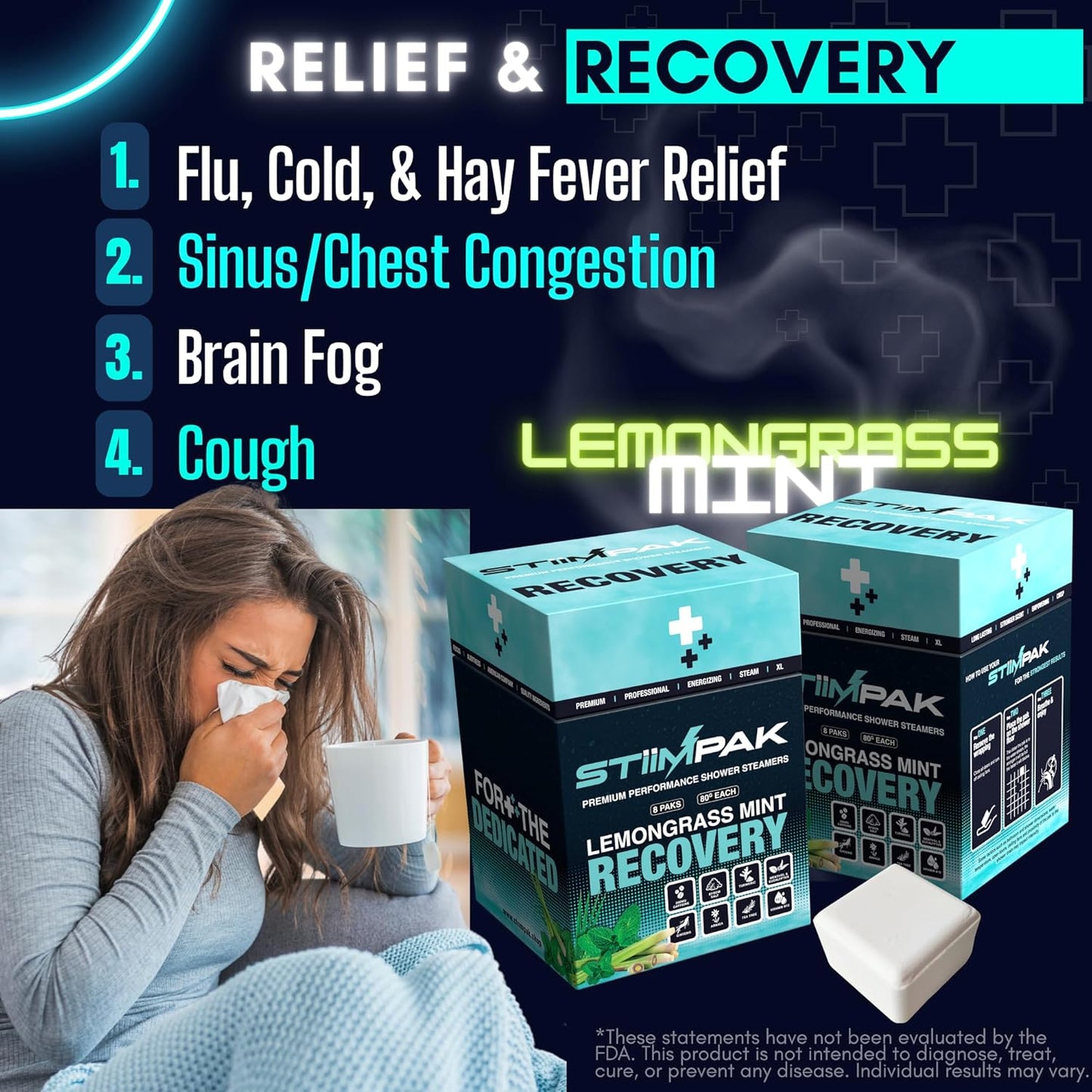 Shower Steamers for Sinus Relief | Recovery | XXL 80g Post-Workout, Allergies, Cold & Flu | Eucalyptus, Tea Tree, Turmeric, Arnica, Caffeine, Menthol | MAX Strength Aromatherapy | STiiMPAK (8 Pack)