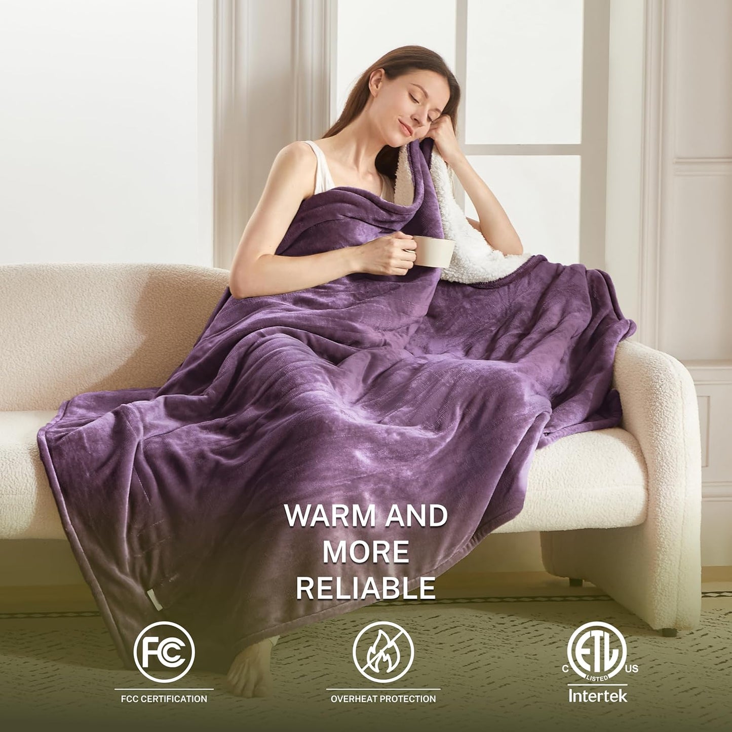 Heat Blanket 72”x84” Full Size,Soft Flannel & Sherpa Reversible Electric Blanket with 10 Heat Settings,12 Timer Setting and 8 Hours Auto-Shut Off,ETL Certified Machine Washable,Purple