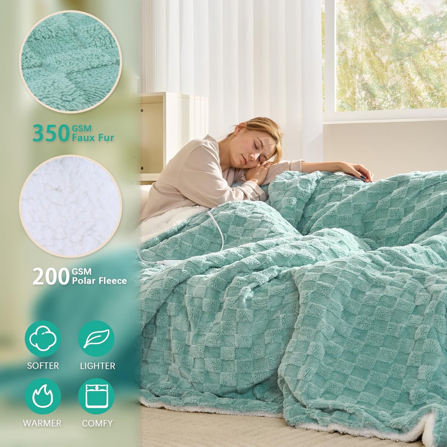 Electric Blanket, Heated Blanket with 6 Heat Levels & 10 Hours Auto Off, Soft Checked Flannel Fast Heating Blanket with ETL & FCC Certification (Green, 84"X90")