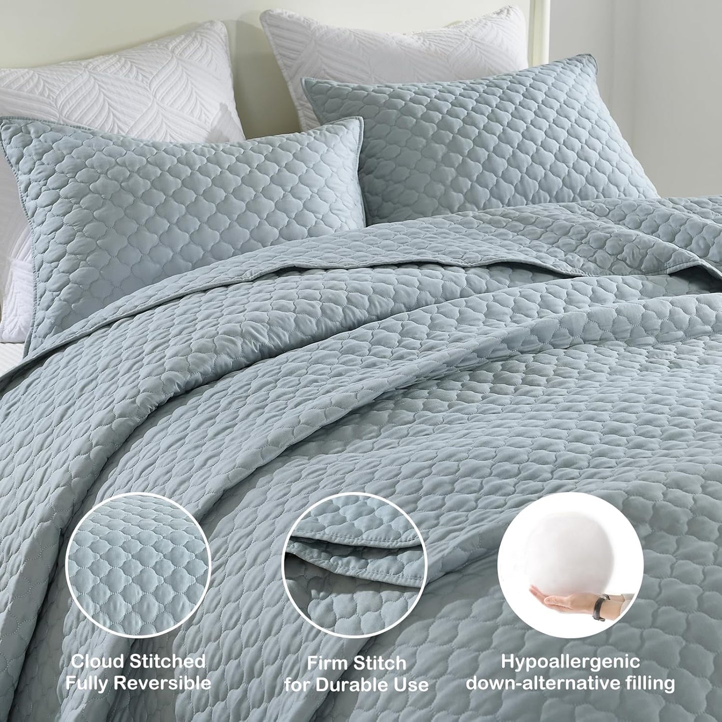 HORIMOTE HOME Quilt King Size Chambray Blue, Lightweight Quilt for Summer, Ultra-Soft Polyester Modern Style Quilted Clouds Pattern Bedspread Quit Set 3 Pieces(1 Quilt and 2 Pillow Shams)