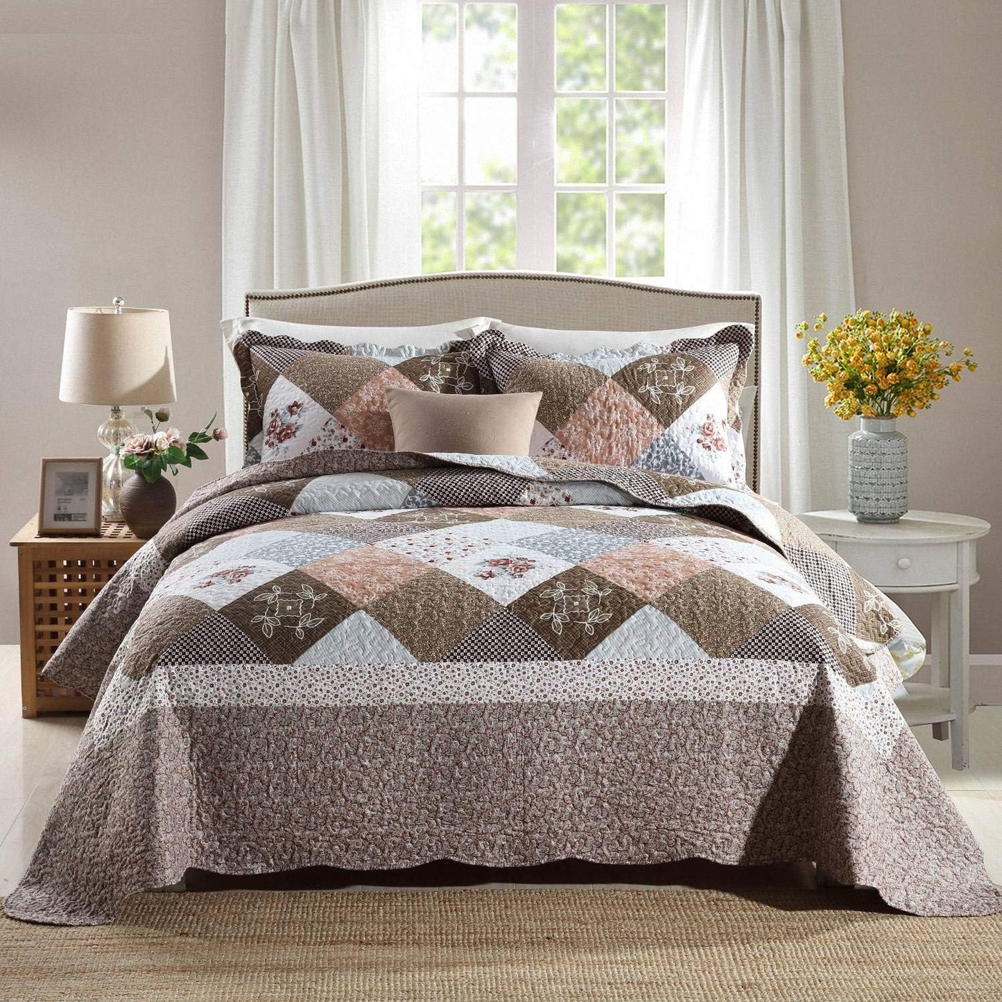 HoneiLife Qversized Queen Quilt - 106"x106" Quilt Sets 3-Piece, Microfiber Bedding Sets Queen Size, Rustic Bedspreads for All Season Use, Patchwork Coverlet for Queen Beds