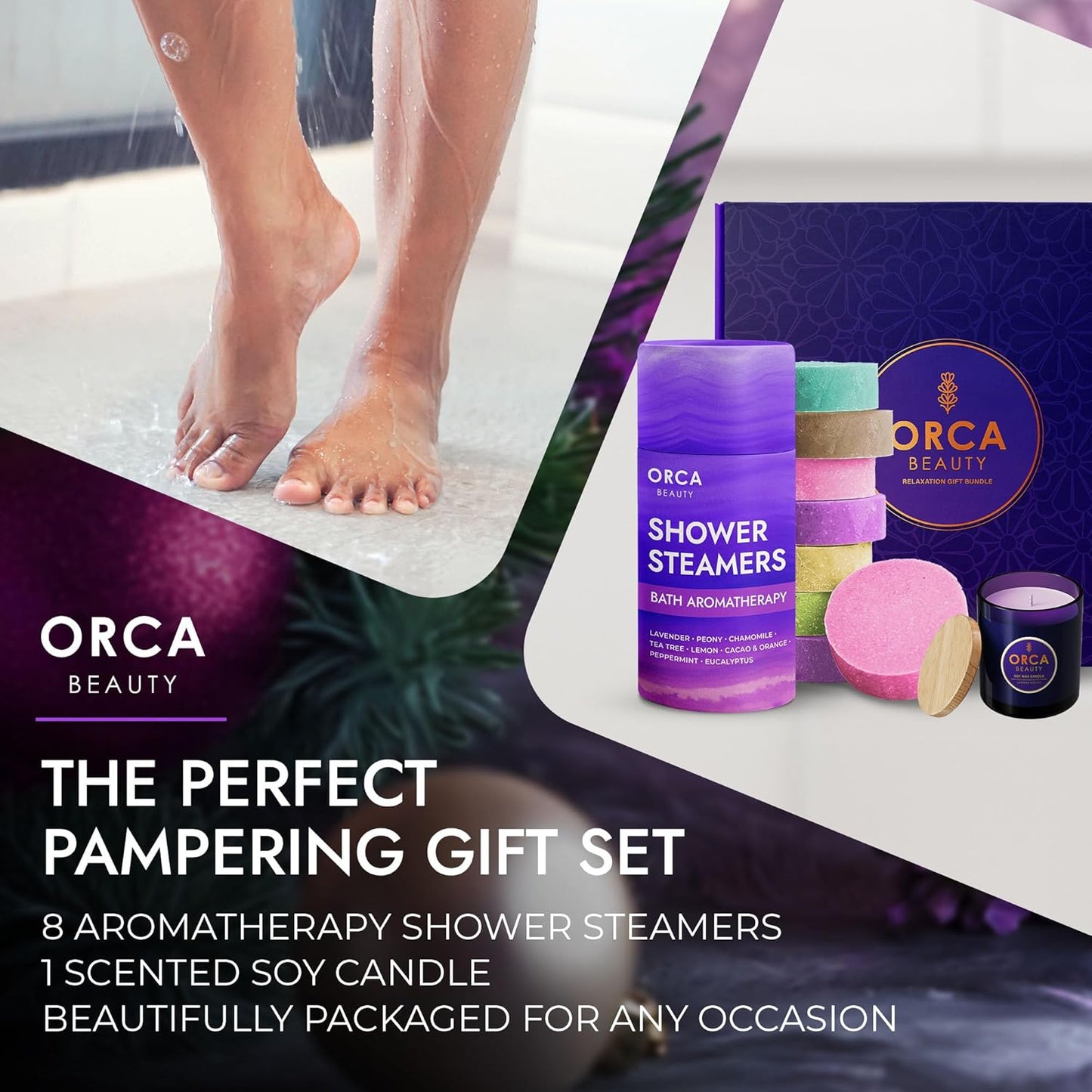 8-Pcs Shower Steamers Aromatherapy & Scented Candle - Birthday Self Care Relaxation Gifts for Women, Pampering Shower Bombs Aromatherapy, Spa Day Essentials, Christmas Purple Gift Bundle