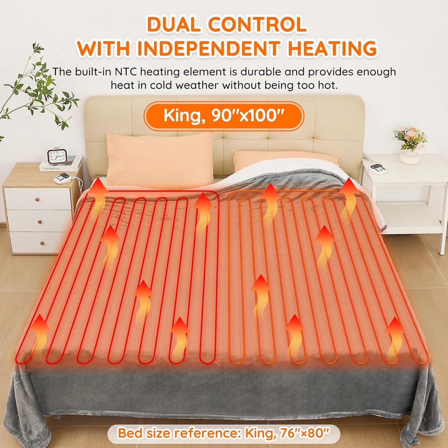 Mia&Coco Electric Blanket King -90"x100" Dual Control Flannel Heated Blanket, 10 Heat Levels, 10-Hour Auto-Off, Fast Heating, Overheat Protection, Soft Heating Blanket for Home and Office (Gray)