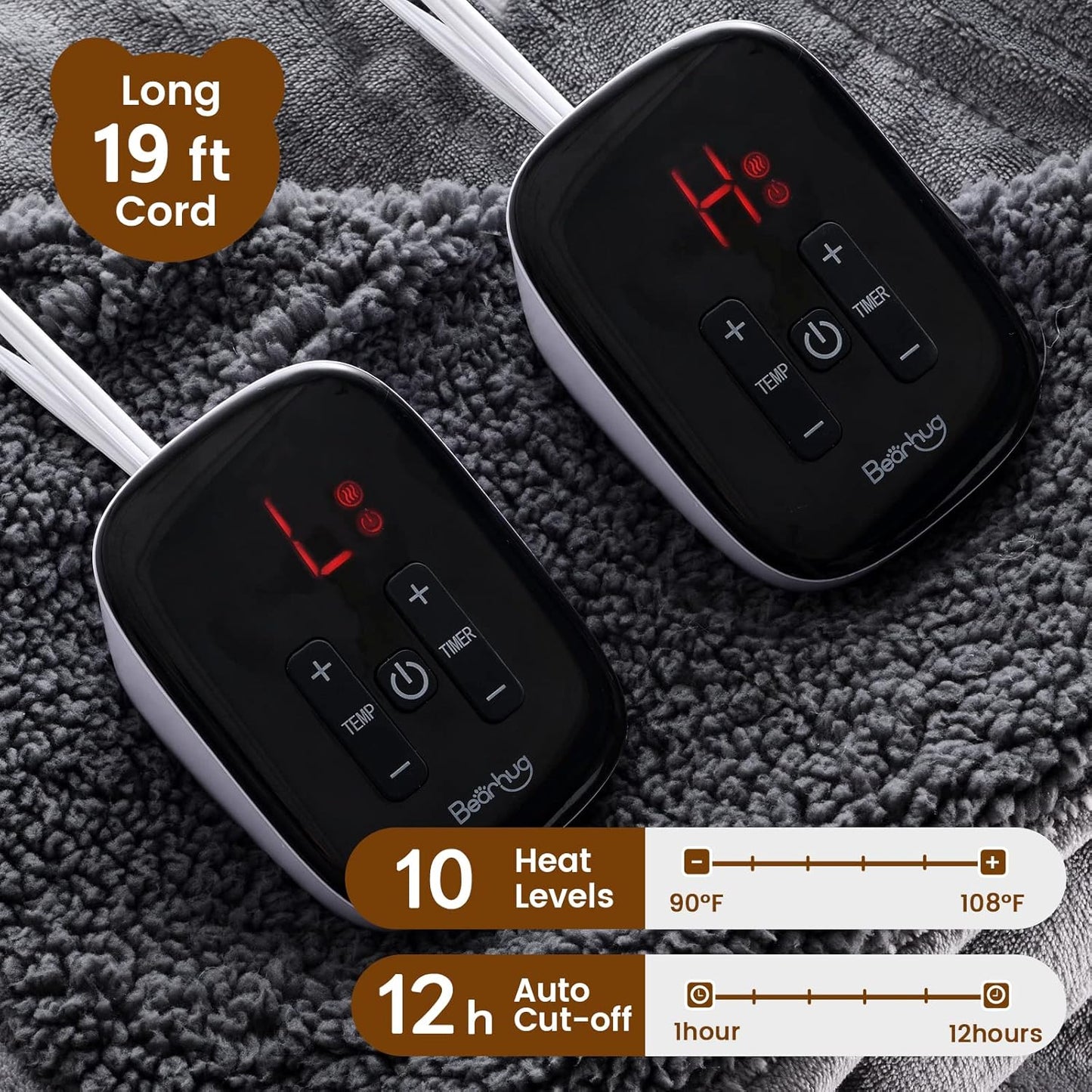 Bearhug Heated Blanket King Size 100" x 90" Dual Controller Electric Blanket, Velvet & Sherpa 10 Heating Levels & 1-12H Auto Off, Over-Heat Protect, ETL, Machine Washable