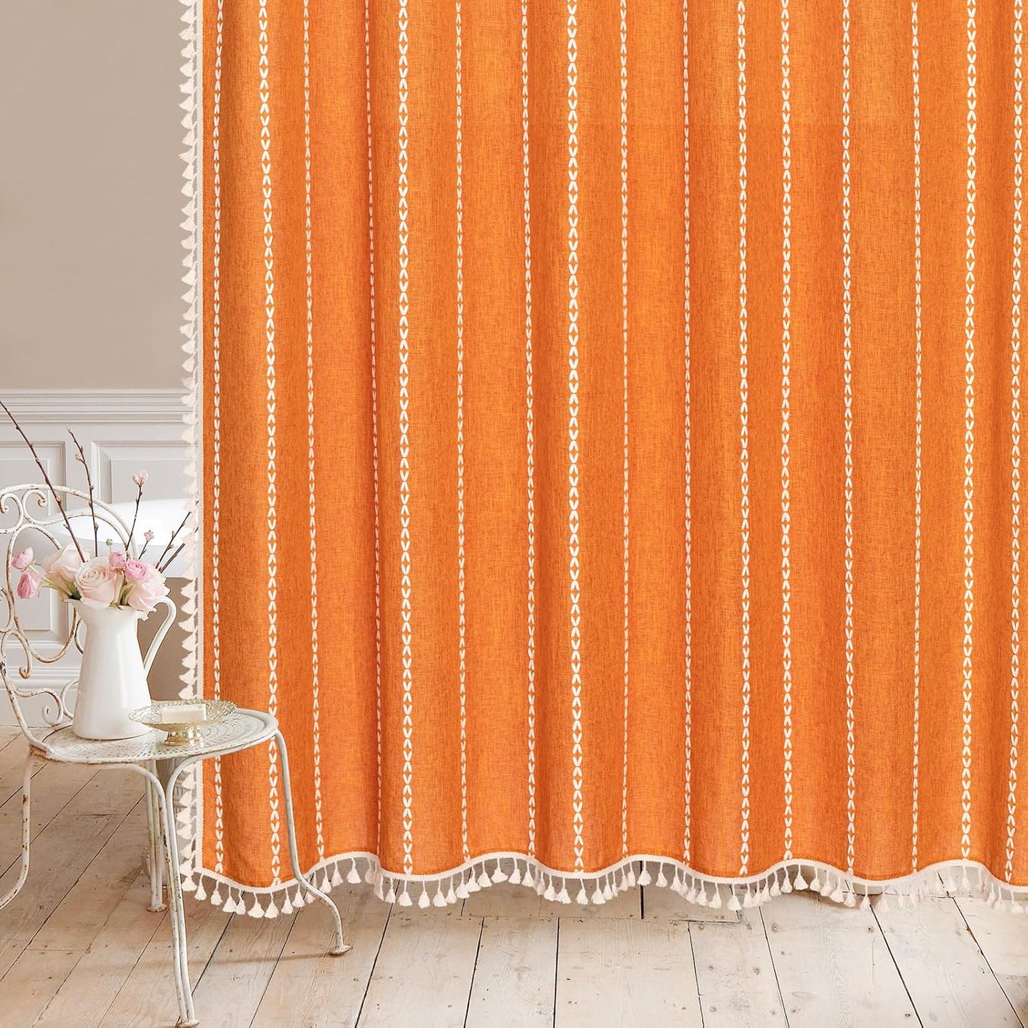 MitoVilla Boho Extra Long Shower Curtain 72 x 96, Orange Modern Farmhouse 96 inch XL Polyester Linen Texture Tassel Fabric Shower Curtain Set with Hooks for Cottagecore Country Bathroom Decor,Orange