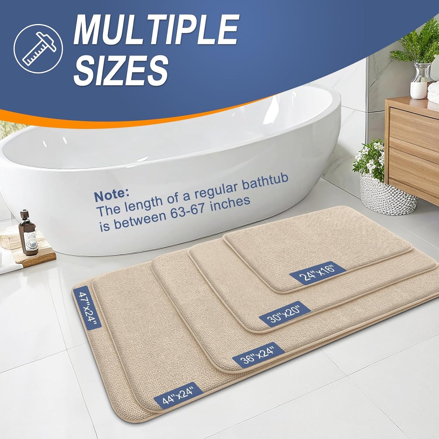 OLANLY Thick Memory Foam Bath Mat Rug 47x20, Extra Soft Absorbent Bathroom Rug, Quick Dry Bath Mats, Non-Slip, Machine Washable Carpet for Bathroom, Tub and Shower, Home Decor Accessories, Beige