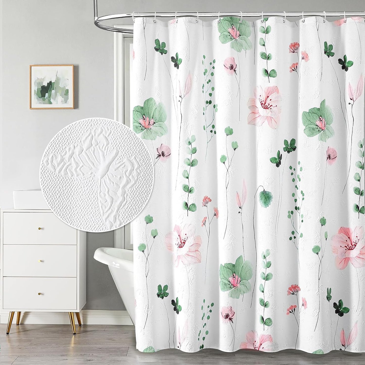 QiyI Watercolor Floral Shower Curtain, 3D Embossed Butterflies Sage Green Botanical Bathroom Curtain, Pink Flowers Cloth Bath Curtain, Waterproof Fabric Textured Shower Curtain Set with Hooks, 72x72
