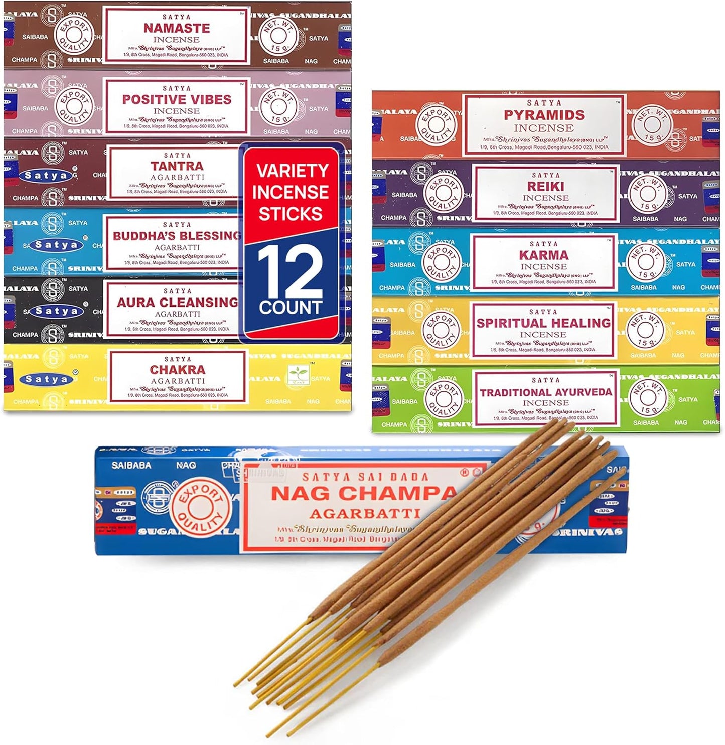 Satya Incense Sticks - Nag Champa, Namaste, Positive Vibes, Tantra, Buddha Blessing, Aura Cleansing, Chakra, Pyramids, Reiki, Karma, Spiritual, Traditional Ayurveda, Pack of 12 Assorted Fragrances