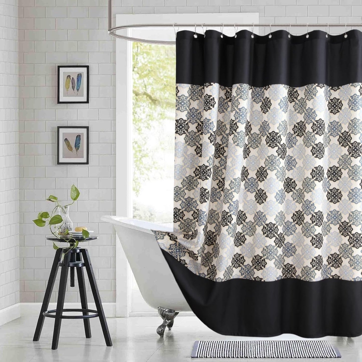 Fabric Shower Curtain, Black Beige Grey Boho Medallion Print Shower Curtains for Bathroom, 72" W x 72" H