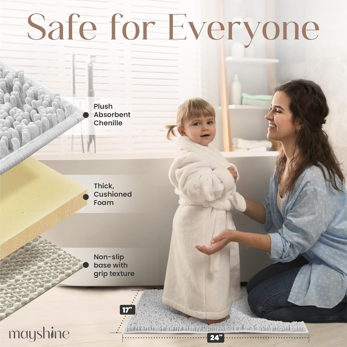 MAYSHINE Plush Shaggy Chenille Bath Mat | Extra Soft, Super Absorbent, Non-Slip Bathroom Rug | Fluffy Microfiber, Area Rug Sets for Bathroom Floor, Kitchen, Living Room | 24"x17" | White