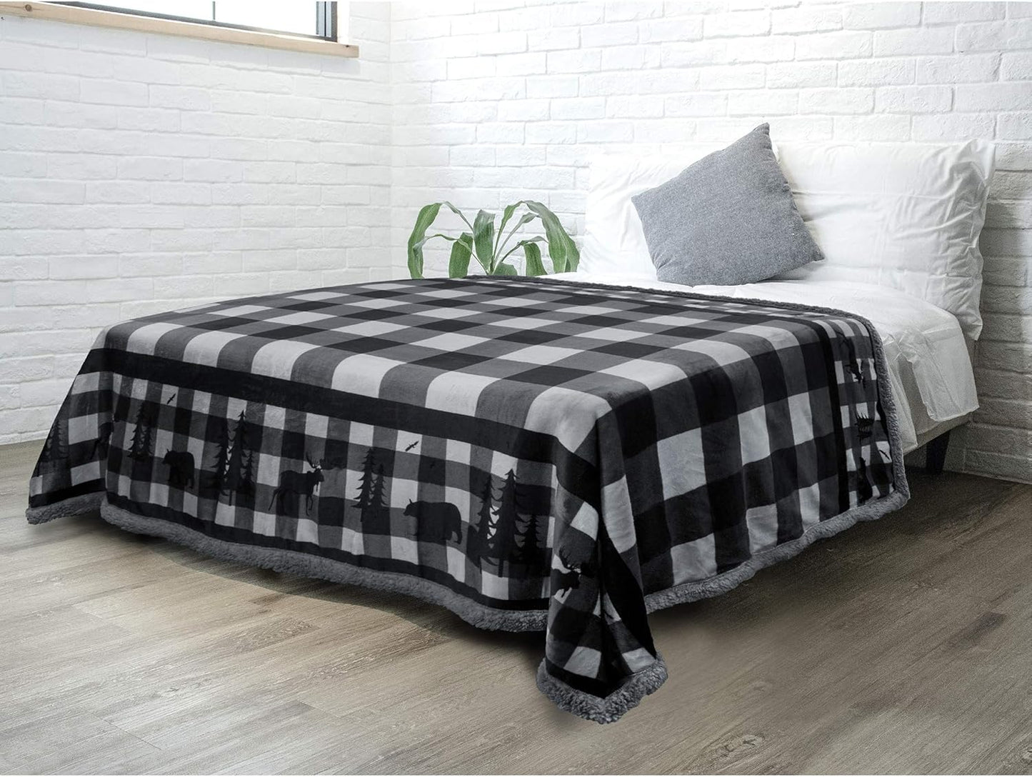Pavilia Winter Cabin Sherpa Blanket Throw Twin | Flannel Fleece Christmas Plaid Holiday Blanket Gift | Plush, Soft, Warm, Cozy, Reversible Microfiber Throw 60x80 (Grey)