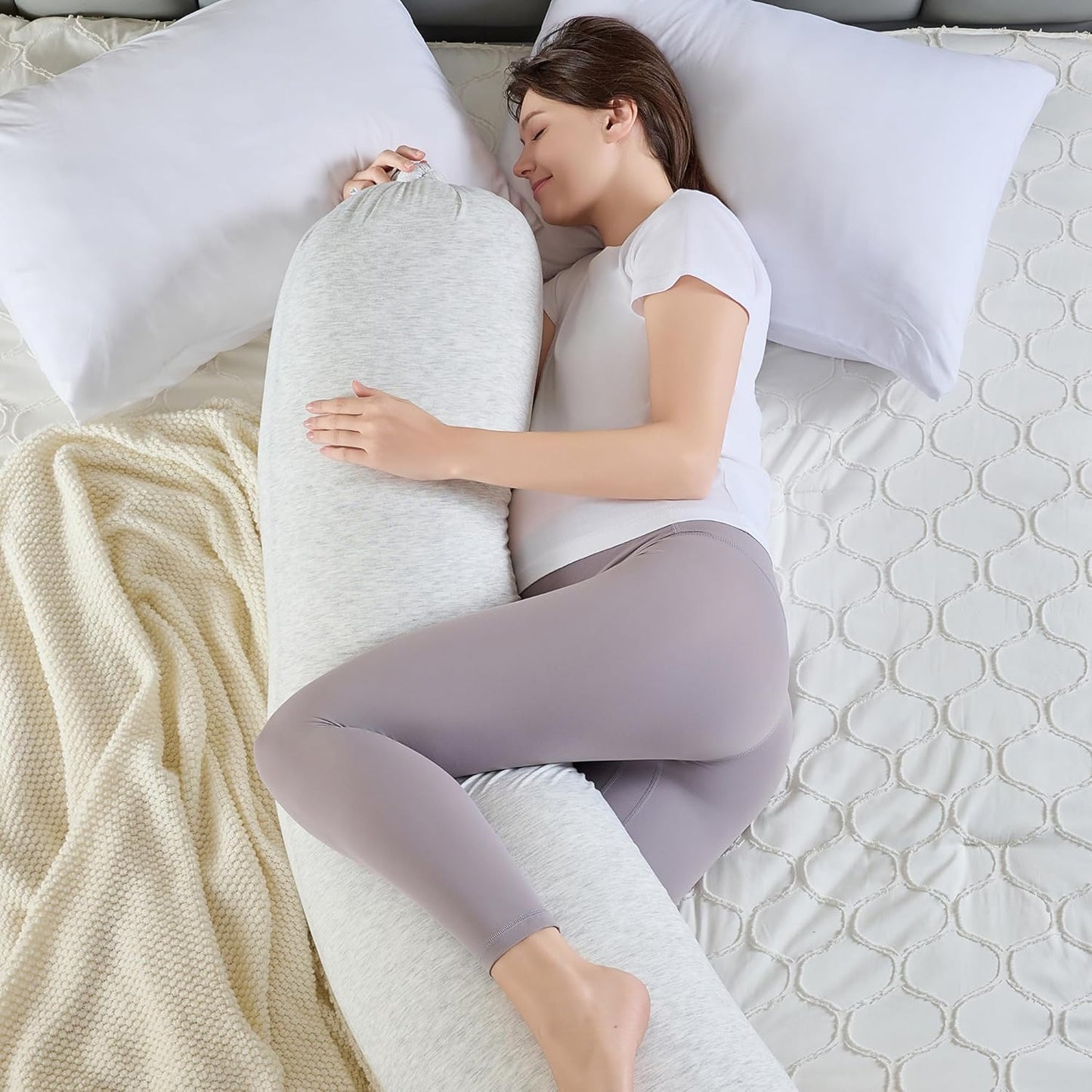 Full Body Maternity Pillow – Bean-Filled Pregnancy Support Pillow with Removable Cover – 59″ Long Full-Length Back, Hip & Belly Support for Pregnancy & Nursing, Silver