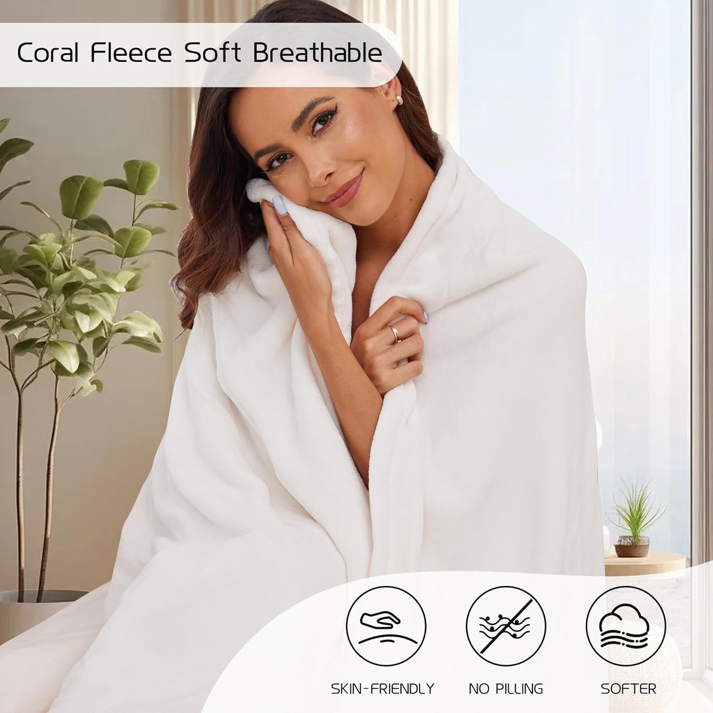 Electric Heated Blanket 50"x60" Throw Size, Soft Coral Fleece with 4 Heating Levels and 3 Hours Auto-Off, Machine Washable, Cozy Plush Fabric for Home, White