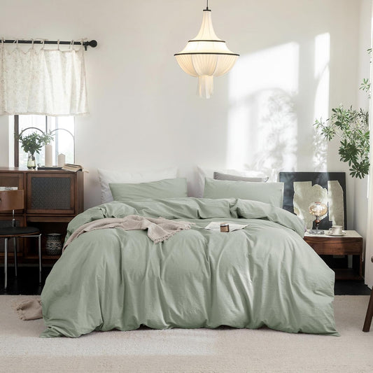 FOSSA Duvet Cover Set 100% Washed Cotton Linen Feel Super Soft Breathable Cozy 3 Pieces Bedding Sets Solid Sage Green Queen