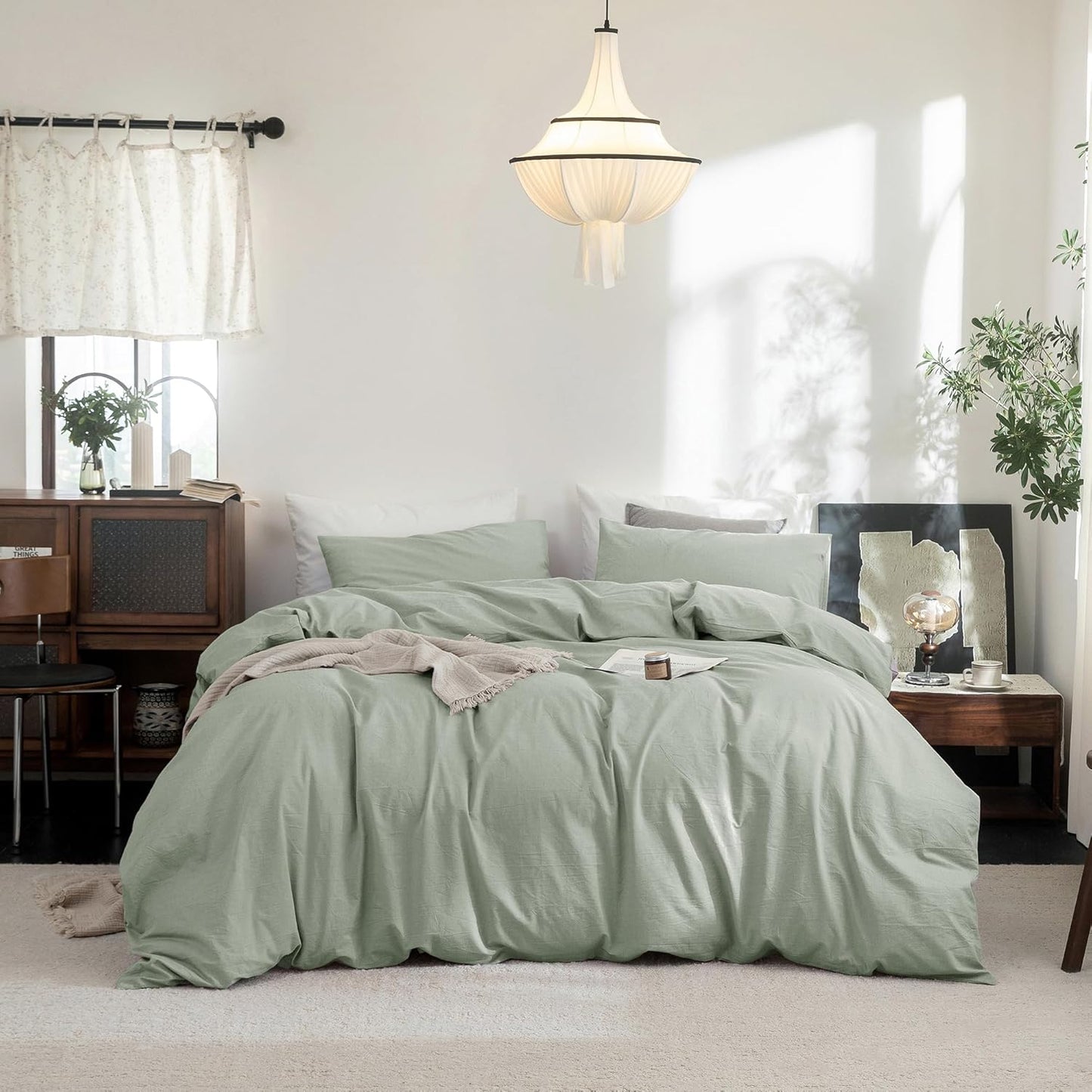 FOSSA Duvet Cover Set 100% Washed Cotton Linen Feel Super Soft Breathable Cozy 3 Pieces Bedding Sets Solid Sage Green California King