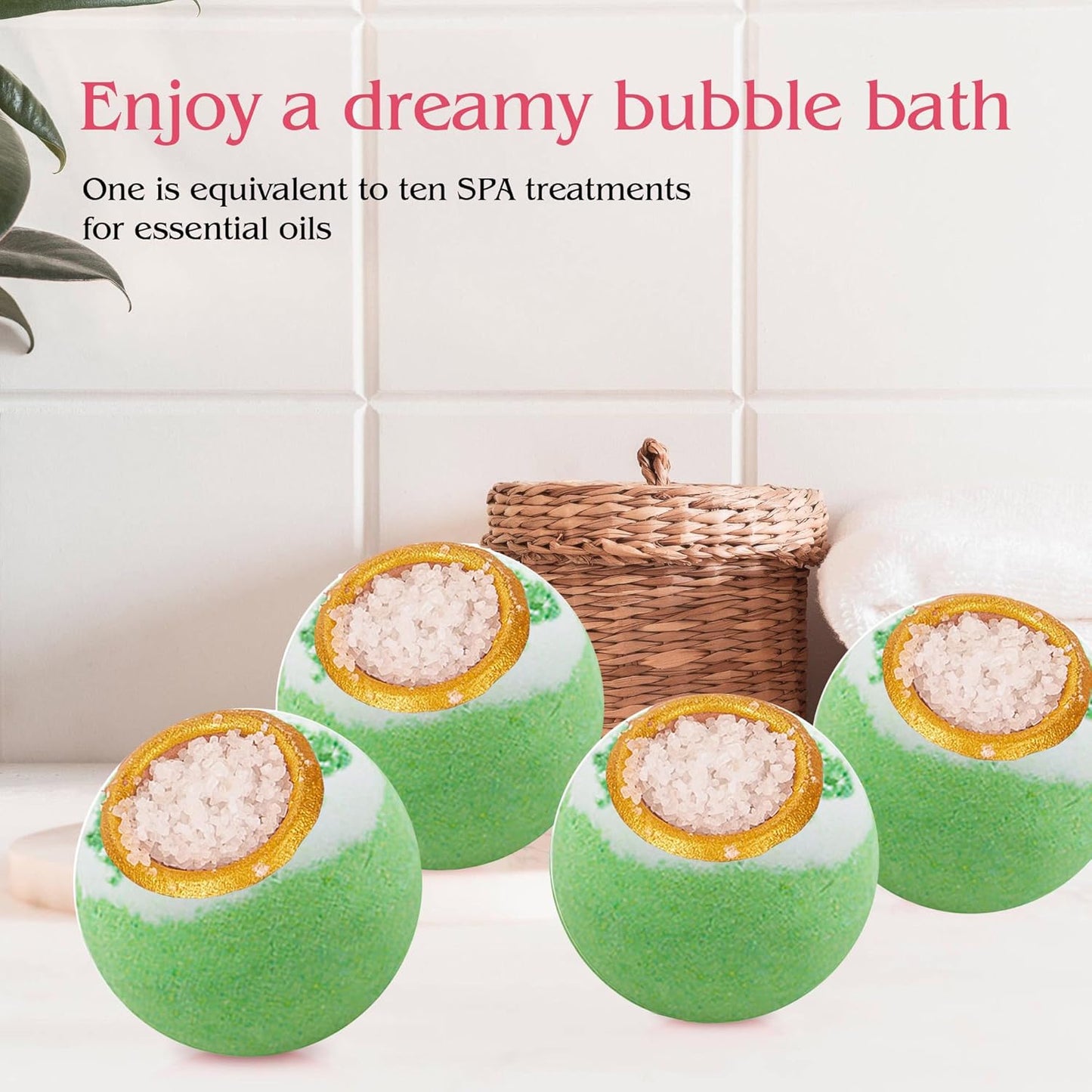 Green Tea Coarse Salt Bath Bombs Balls,4-Pack Gift Set,Moisturizing Dry Skin,Fizzy Spa,Relaxation,Self Care,Relaxing,Bubble Bath Bomb Idea for Men Women