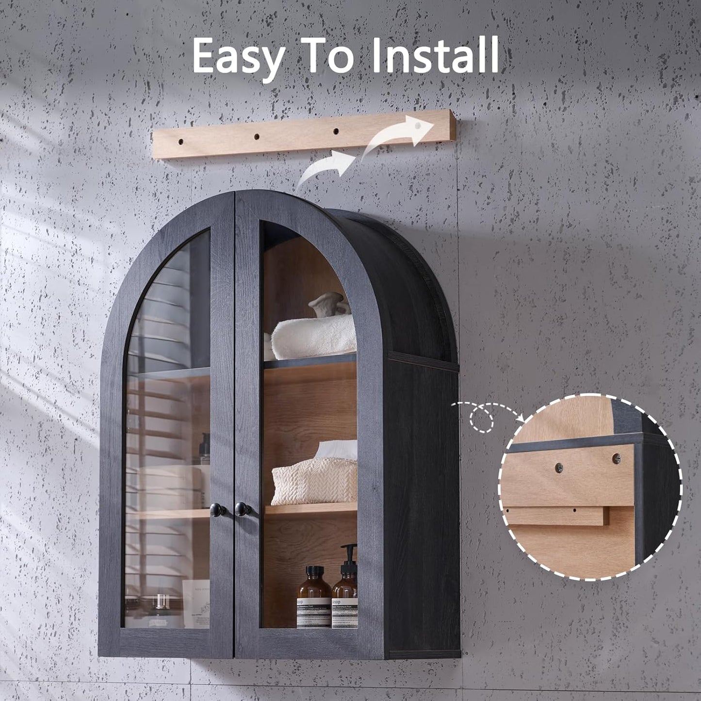 Bathroom Arched Wall Cabinet Over The Toilet Storage Cabinet, 23.5×31.4 Inch bathroom cabinet wall mount with Glass Doors & Adjustable Shelves, Wood Cabinet for Laundry Room, Bedroom Kitchen，Dark Grey