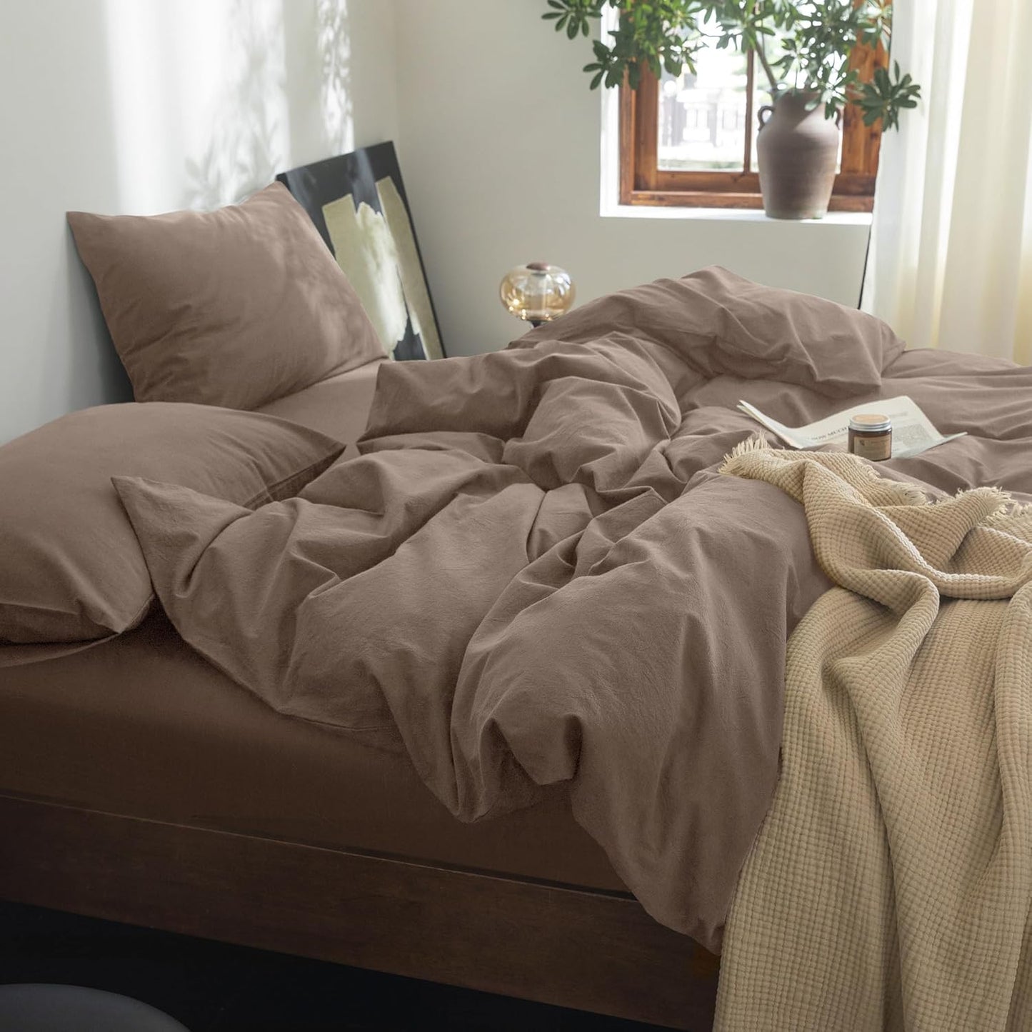 FOSSA Duvet Cover Set 100% Washed Cotton Linen Feel Super Soft Breathable Cozy 3 Pieces Bedding Sets Solid Pale Brown Super King