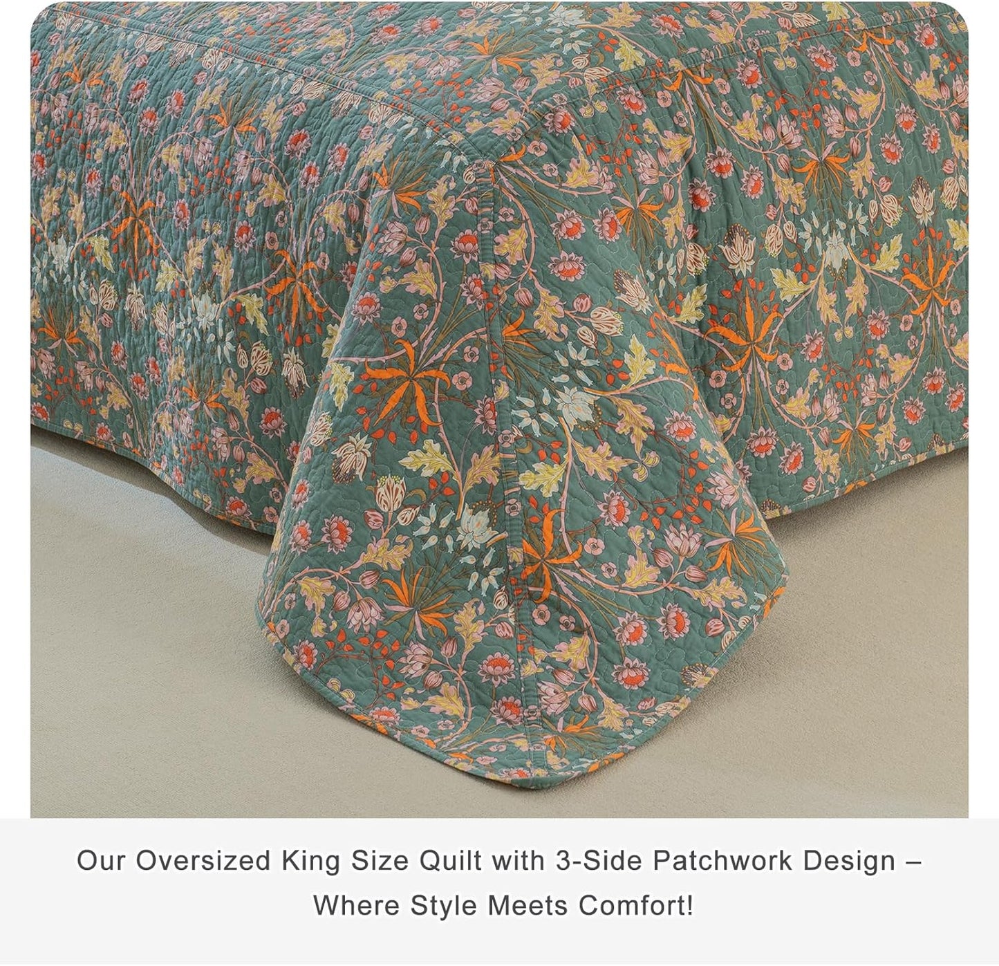 Lady Ann Oversized King Bedspreads 128x120, 100% Cotton Oversized King Quilt Bedding Set Vibrant Paisley Floral Pattern Plant Botanical Printed Quilted Coverlet Set, 3 PCS
