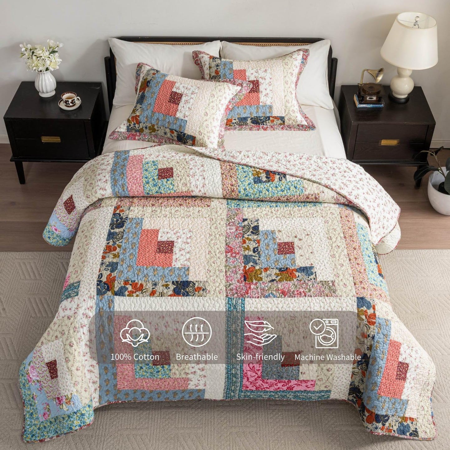 meadow park Cotton Real Patchwork Quilt Set 3-Piece. 100% Washed Cotton. 208 Hand Cut Patches. Allover Quilting. Reversible Coverlet Set. (Queen)