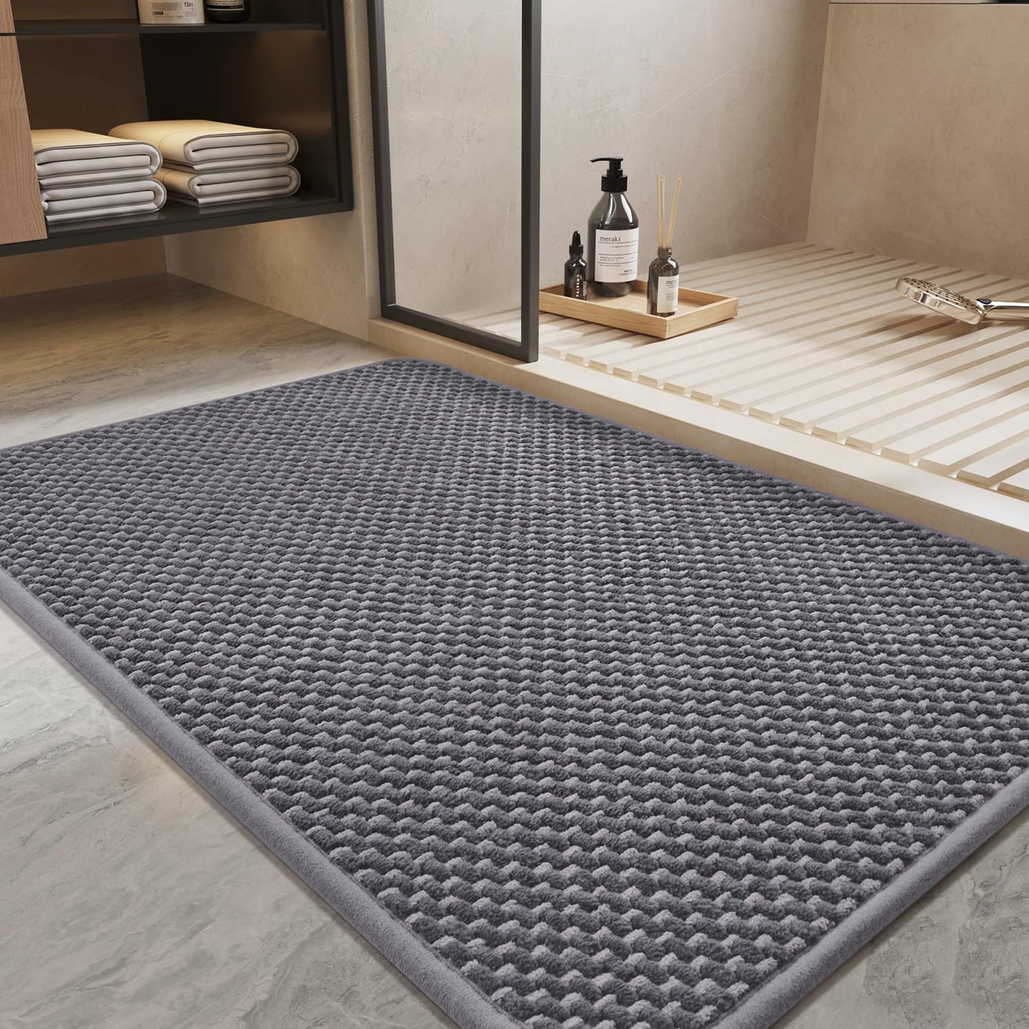PADOOR-Bath Mat-Super Absorbent Chenille Bathroom Mats-Rubber Backed Bath Mats for Bathroom Non Slip, Easy Clean Bathroom Rugs Front of Bathtub,Shower Room,Sink-24×36, Grey&Darkgrey