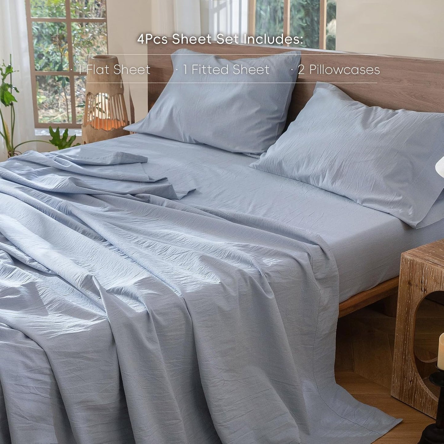 MooMee Bedding Sheet Set 100% Washed Cotton Linen Like Textured Breathable Durable Soft Comfy (Heathered Cornflower Blue, Full)