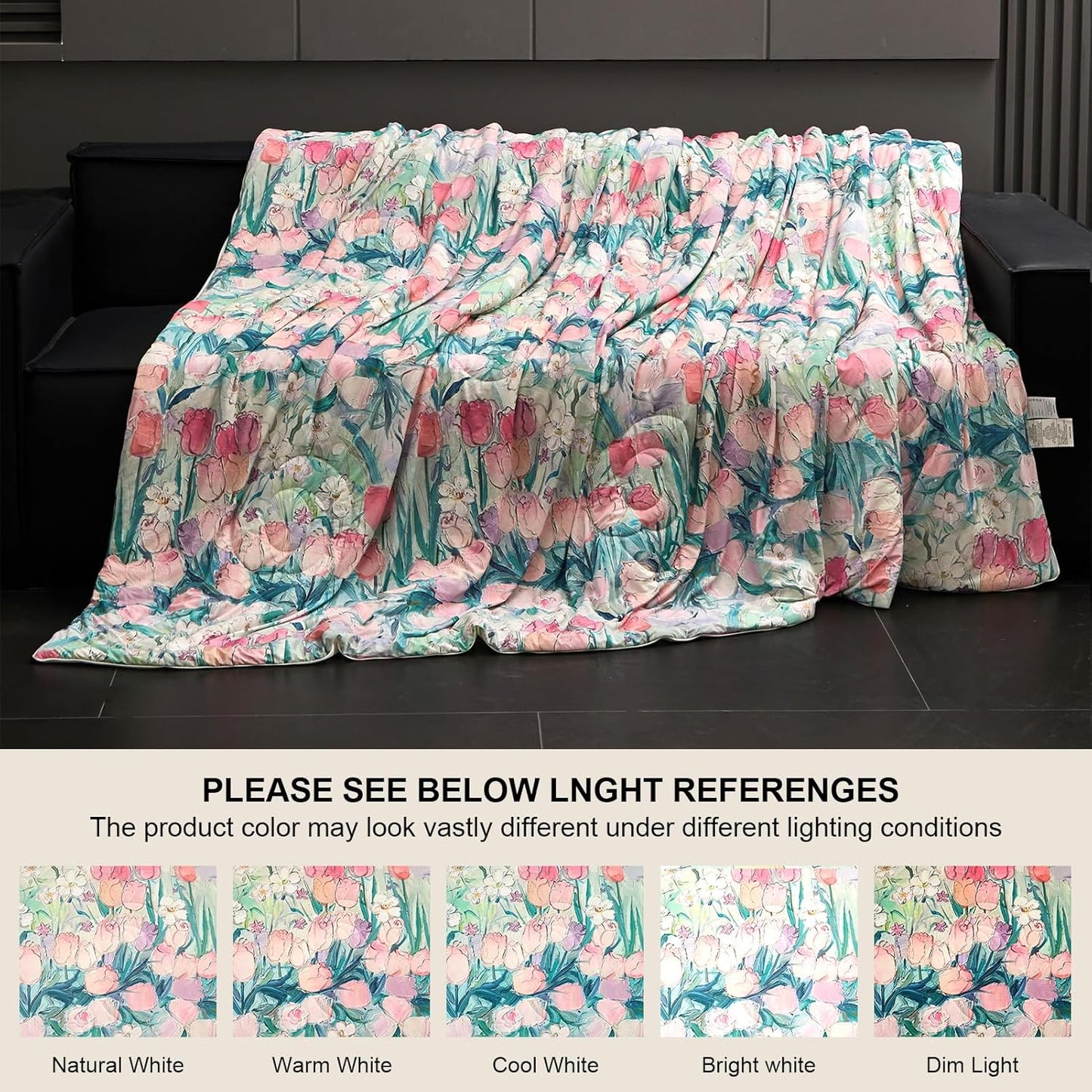 Cyusri Floral Print Cooling Comforter Set 3Pcs Breathable Cool Queen Size Bedding Set with 2 Pillowcases Pink Tulip Pattern Silky Cold Quilt, 90"x90"