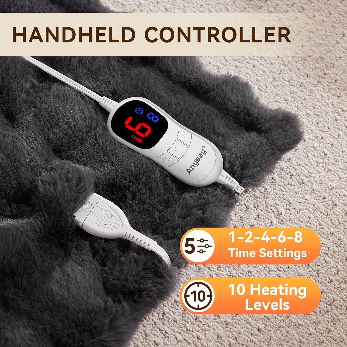 Heated Blanket King Size with 1/2/4/6/8 Hours Auto-Off 10 Heat Level, 90'' * 100'' Cozy Faux Rabbit Fur Bubble Electric Blanket with Overheat Protection(Dark Grey)