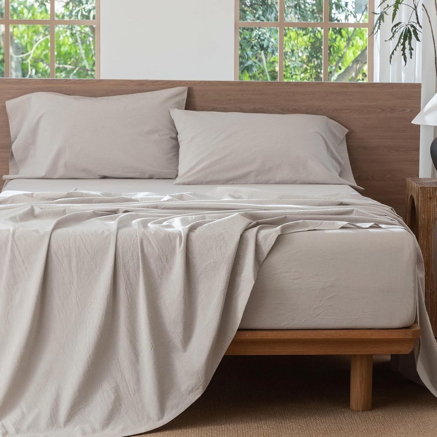 MooMee Bedding Sheet Set 100% Washed Cotton Linen Like Textured Breathable Durable Soft Comfy (Solid Light Tan, Twin)