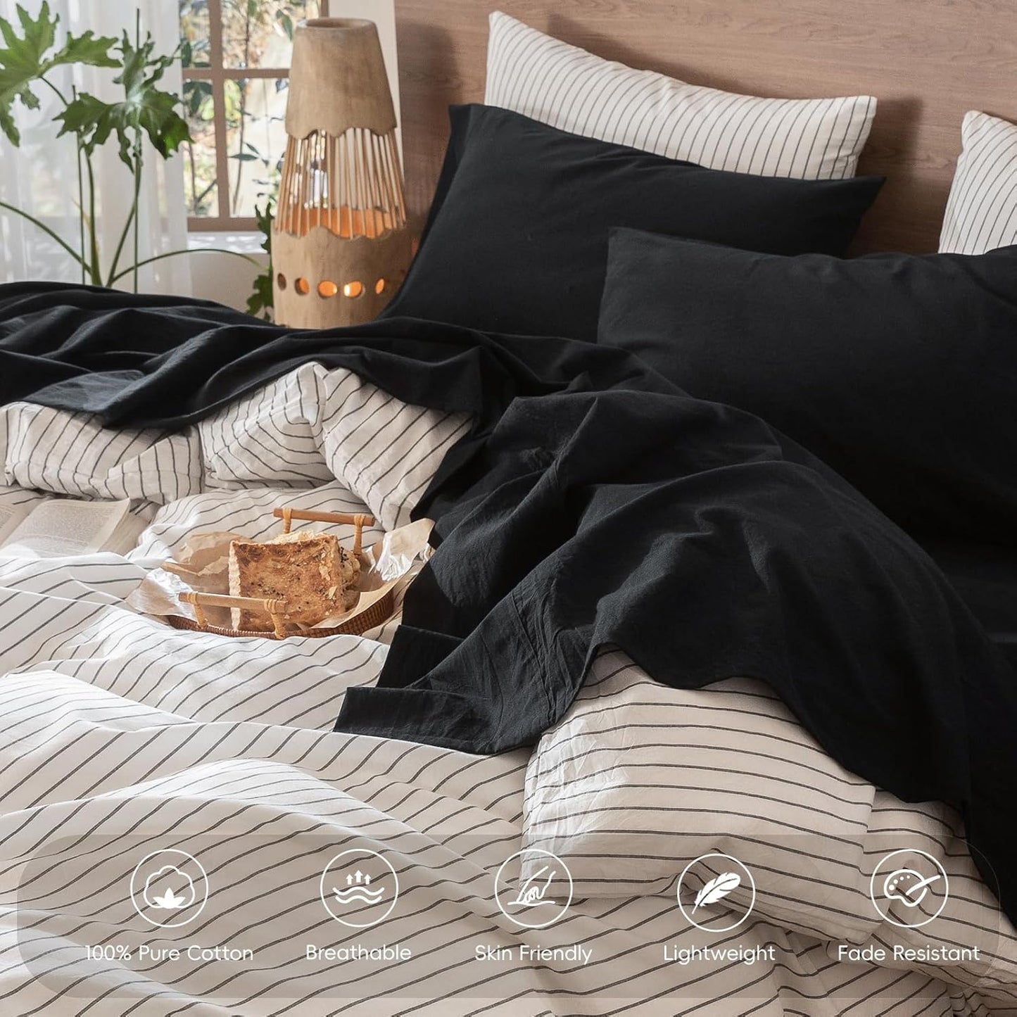 MooMee Bedding Sheet Set 100% Washed Cotton Linen Like Textured Breathable Durable Soft Comfy (Solid Black, King)