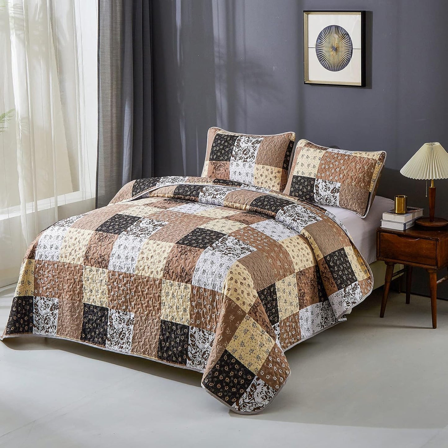 Mybedsoul Brown Patchwork Quilt Set California King Size,3 Pieces Khaki Floral Plaid Reversible Bedspread Coverlet Set for All Season,Summer Soft Microfiber Bedding Set 96"x 106"