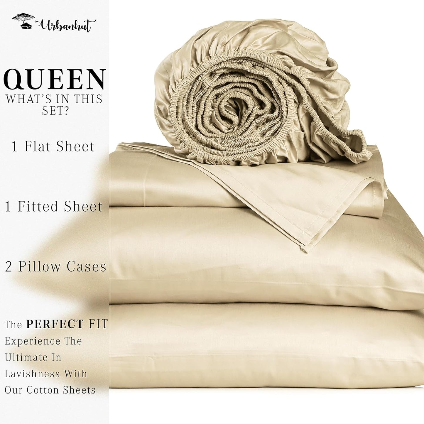 URBANHUT 1000 Thread Count Queen Size Egyptian Cotton Sheets, Long Staple Soft & Breathable, 4 Pc Bed Sheet Sets, Luxury Hotel Sateen Sheets Fits 16" Deep Pocket - Sand