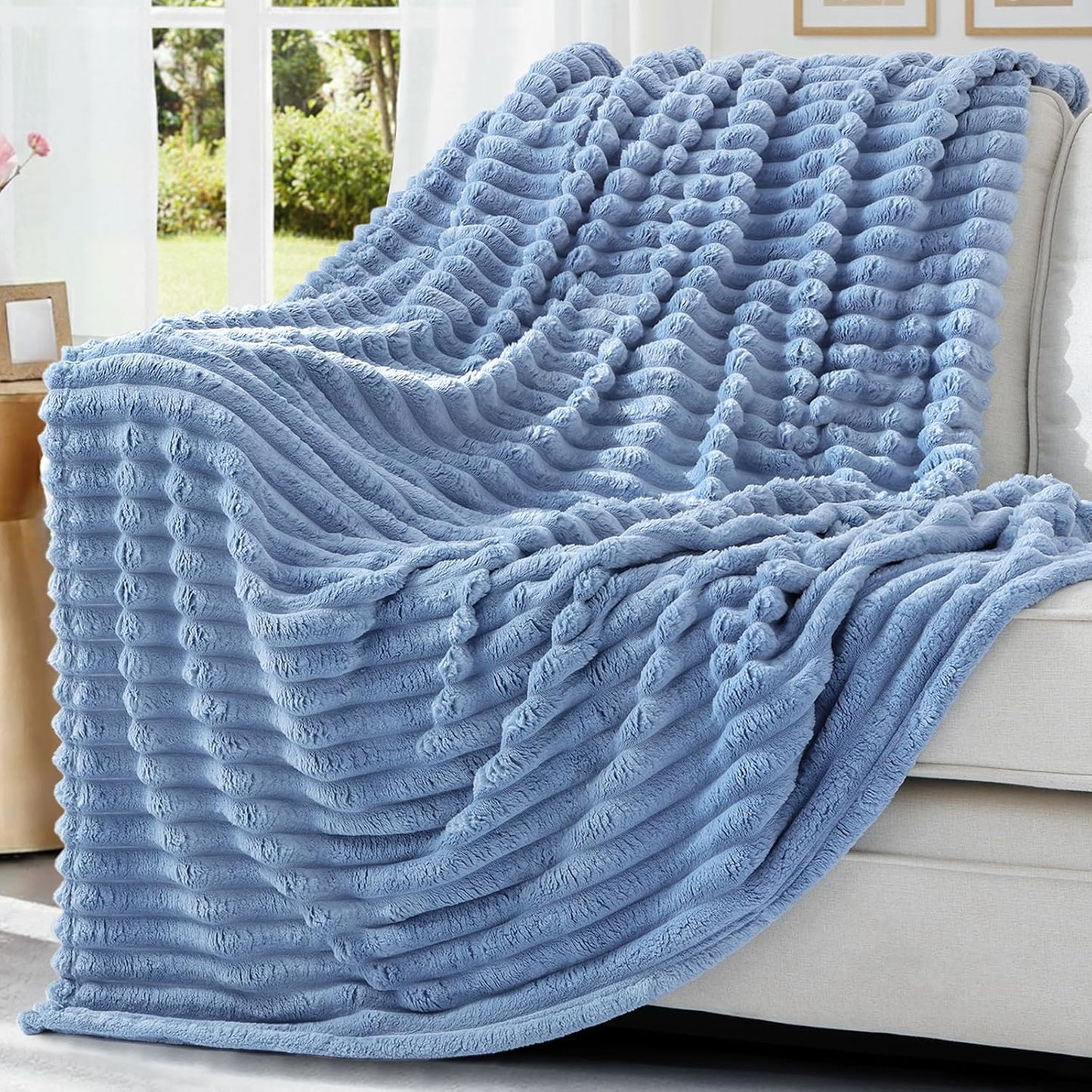 decorUhome Christmas Soft Fleece Blue Grey Blanket Queen Size for Bed, Cozy Fluffy Plush Flannel Large Striped Throws for Couch Sofa, Lightweight Decorative Fuzzy Blanket for Woman, 90x90 Inches