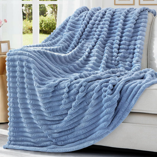 decorUhome Christmas Soft Fleece Blue Grey Throw Blanket for Couch, Cozy Fluffy Plush Flannel Striped Blanket for Sofa Bed, Lightweight Decorative Ribbed Fuzzy Blanket for Woman, 50x60 Inches