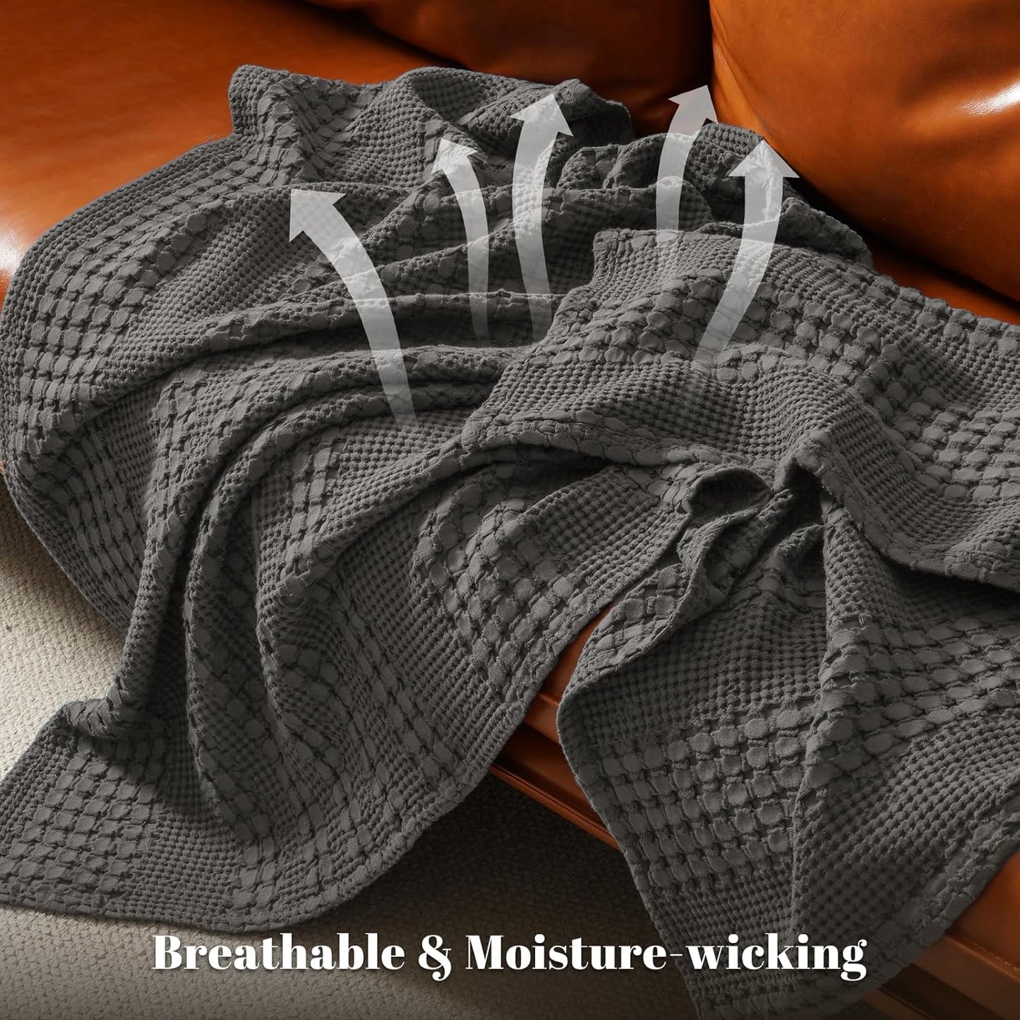 PHF 100% Cotton Waffle Weave Blanket Queen Size for Bed, Soft Lightweight & Breathable, All-Season Comfort, Luxury Aesthetic Woven Bedding for Home Decor, 90"x90", Charcoal Grey