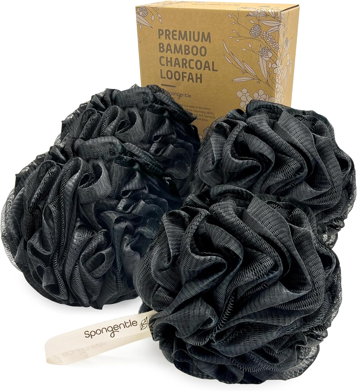 Spongentle Charcoal Bamboo Premium Deep Cleansing Loofah Sponge for Radiant Skin, Pack of 4, Bath and Shower, Exfoliating Body Scrubber, Beautiful Colors for Women and Men