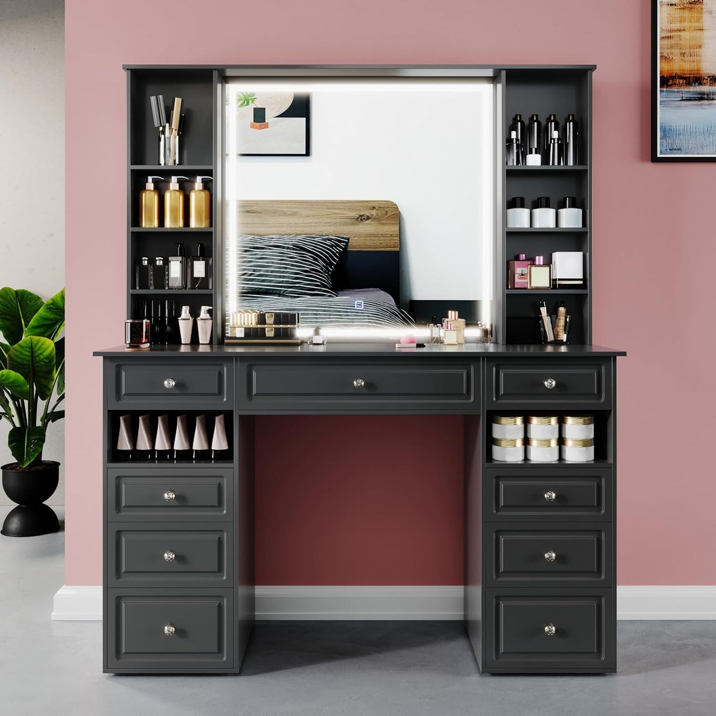 Vanity Desk with Mirror and Lights,47" Vanity Table with 9 Drawers, 10 Open Shelves, Makeup Vanity with HD Lighted Mirror for Bedroom, Brightness Adjustable, Makeup Storage (Black, A Panel)