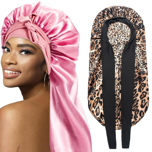 2Pcs Bonnets for Women Sleeping Braid Bonnet, Large Long Satin Silk Bonnet for Braids, Black Women Braid Bonnets with Stretchy Tie Band for Sleeping Extra Long (Pink & Leopard)