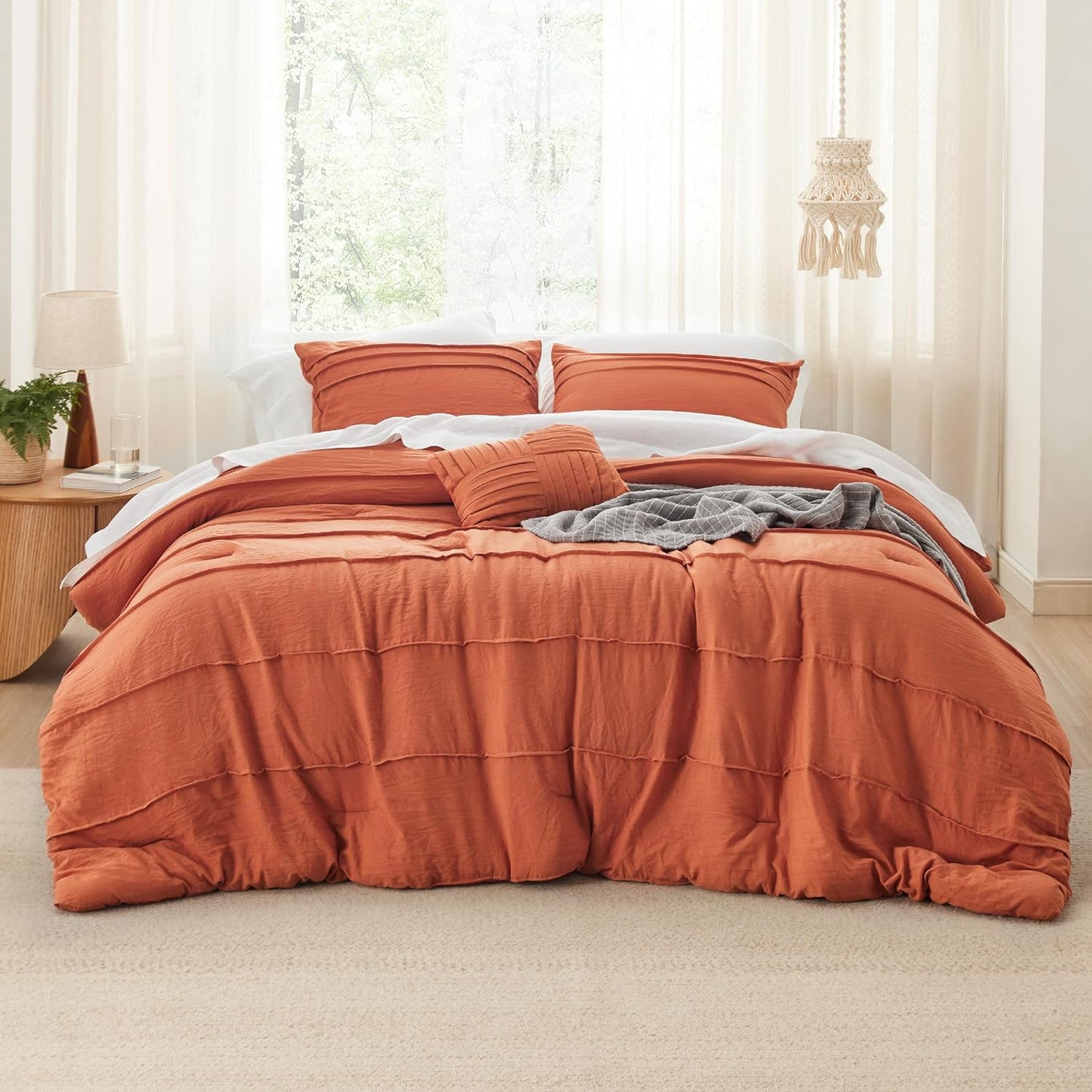 Bedsure Queen Comforter Set - 4 Pieces Pinch Pleat Bed Set, Burnt Orange Boho Bedding for All Season, 1 Soft Comforter, 2 Pillowcases, 1 Decorative Pillow