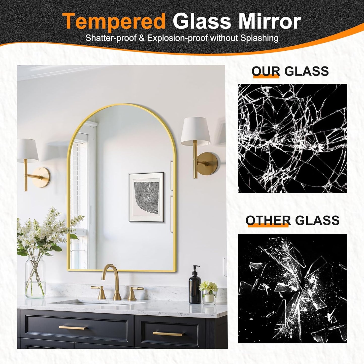 Delma Arched Bathroom Mirror, 24"x36" Wall Mounted Vanity Mirror for Bedroom, Living Room and Entryway, Gold