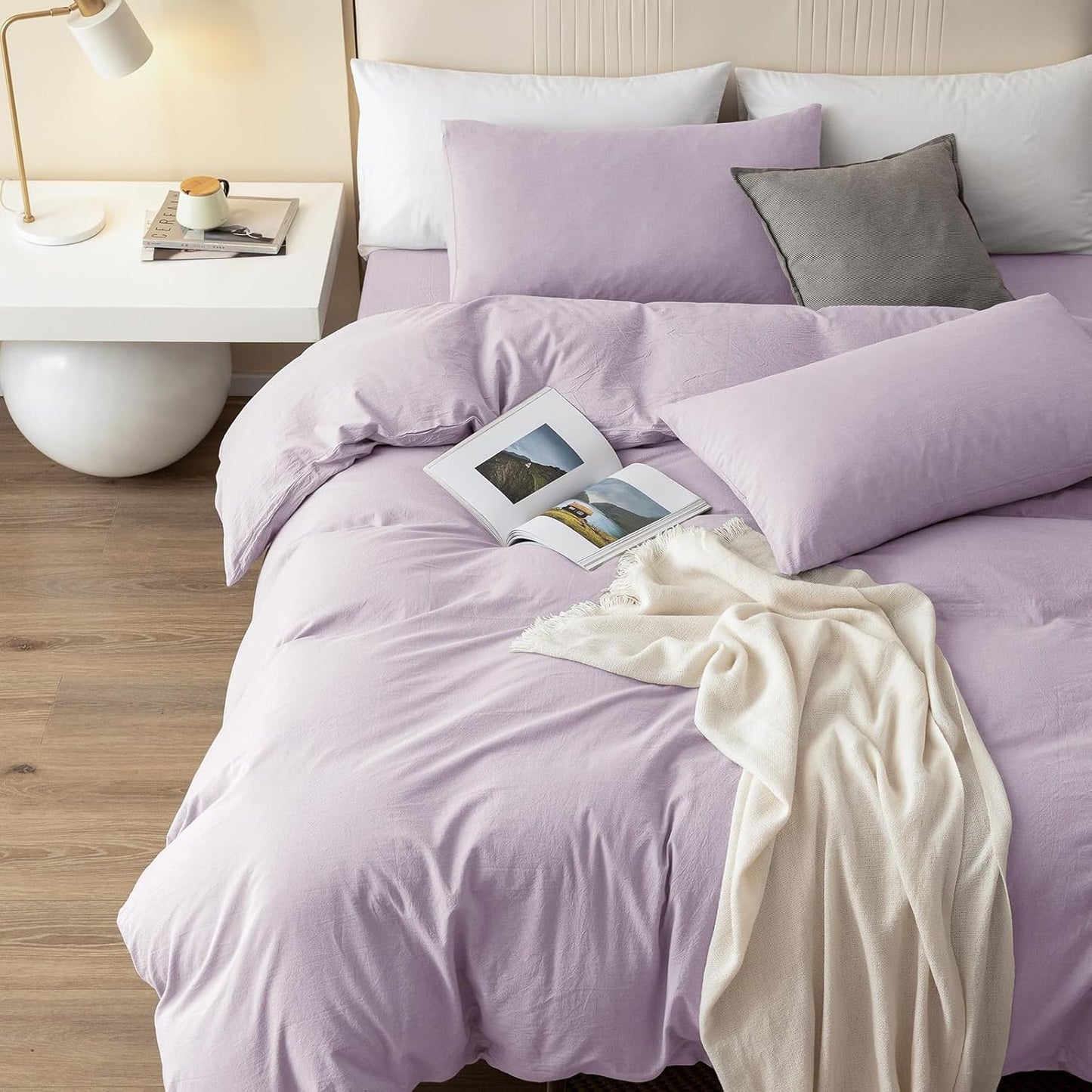 JIYUAN 100% Washed Cotton Duvet Cover Set 3 Pieces Full, 1 Duvet Cover 80x90 Inches(Comforter Not Included) and 2 Pillowcases,Linen Like Comfy and Breathable,Heathered Light Purple