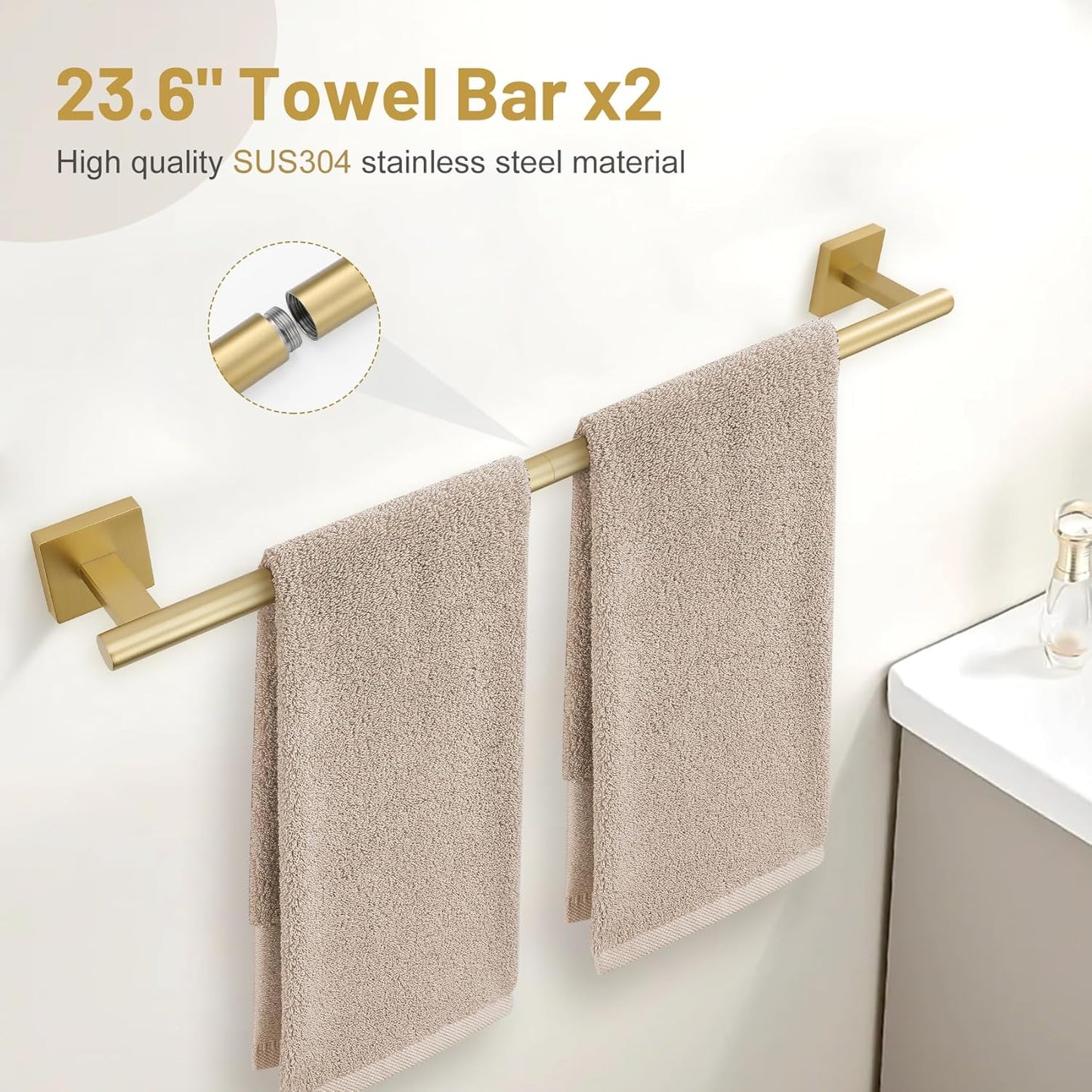 10 Pieces Brushed Gold Towel Bar Set, 23.6 Inch Bathroom Accessories Set SUS304 Stainless Steel Bathroom Hardware Set Towel Racks for Bathroom Wall Mounted.