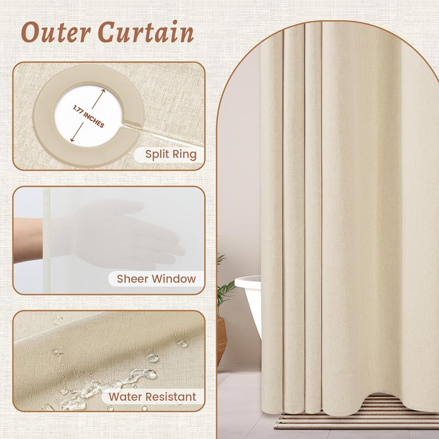 No Hook Cream Shower Curtain and Liner, Linen-Look Polyester Textured Shower Curtain with Snap in Liner, Waterproof & Washable Bath Curtains for Bathroom, 71Wx74H