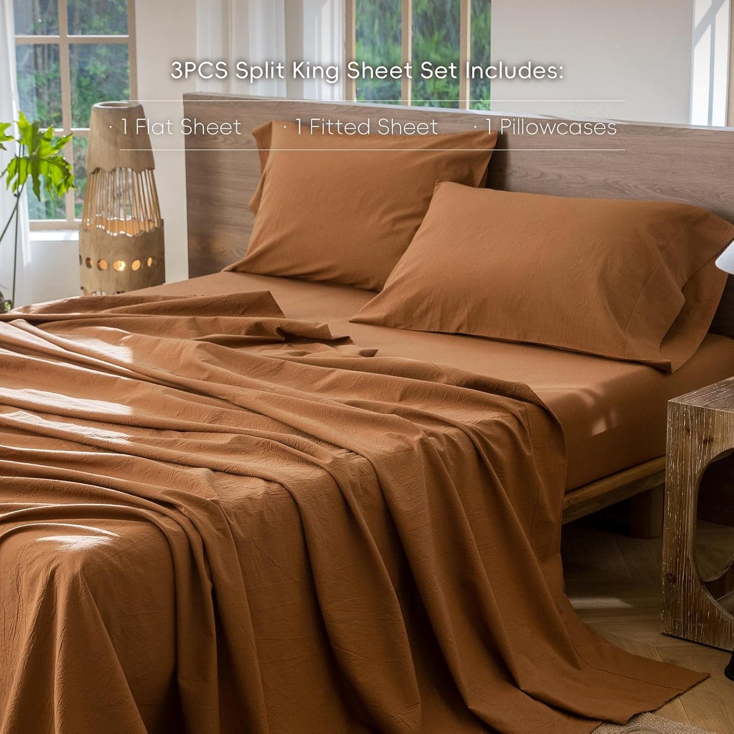MooMee Bedding Sheet Set 100% Washed Cotton Linen Like Textured Breathable Durable Soft Comfy (Solid Dark Orange, Twin)