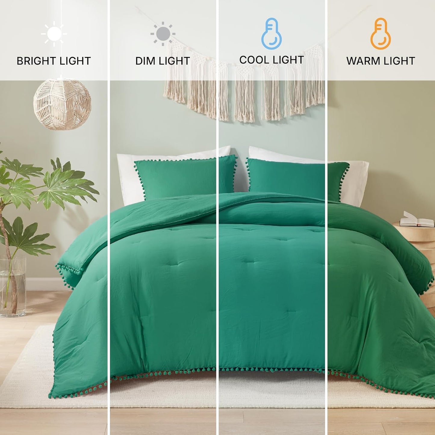 Codi Emerald Green King Comforter Set - Boho Chic Bedding with Elegant Pom Fringe, Soft Washed Microfiber 3pc Luxury Set, Lightweight & Breathable for Master Bedroom, 1 Comforter & 2 Pillow Shams