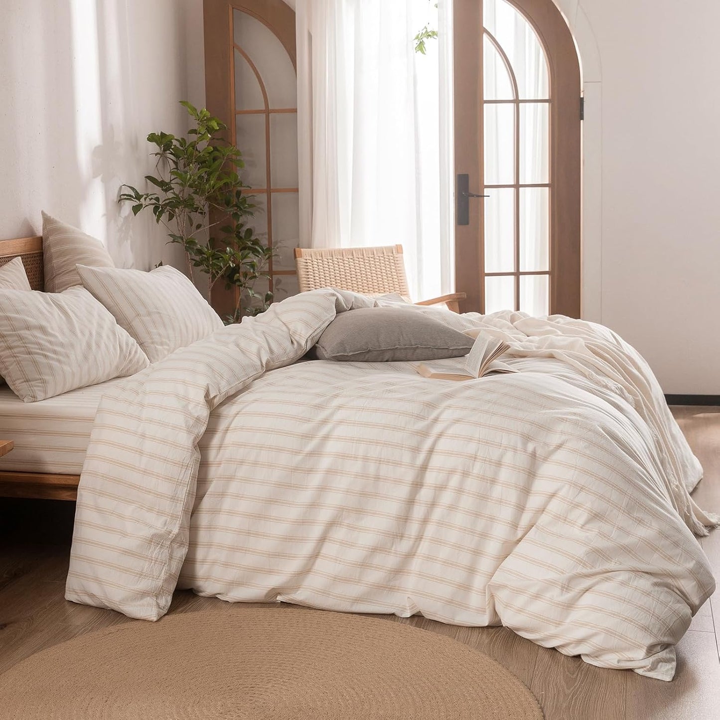 BESTOUCH Duvet Cover Set 100% Washed Cotton Linen Feel Super Soft Comfortable Chic Lightweight 3 PCs Home Bedding Set White & Almond Grey Stripes King