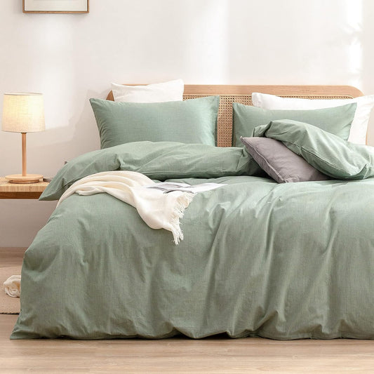 BESTOUCH Duvet Cover Set 100% Washed Cotton Linen Feel Super Soft Comfortable Chic Lightweight 2 PCs Home Bedding Set Solid Green Twin/Twin XL