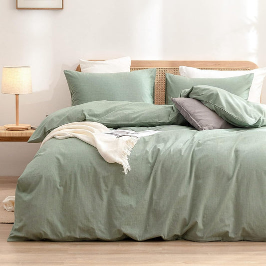 BESTOUCH Duvet Cover Set 100% Washed Cotton Linen Feel Super Soft Comfortable Chic Lightweight 3 PCs Home Bedding Set Solid Green Full/Double